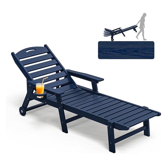 Oversized Patio Chaise Lounge, 5 Positions Adjustable HDPE Outdoor Lounge Chair with Rolling Wheels & Cup Holder,All-Weather for Poolside, Beach, Garden - Navy Blue