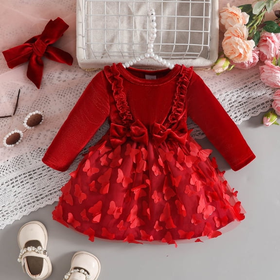 Dresses for Girls Infant Long Sleeve Bowknot Velvet Mesh Dress with Headband Baby Girl Dress Red 6-12 Months