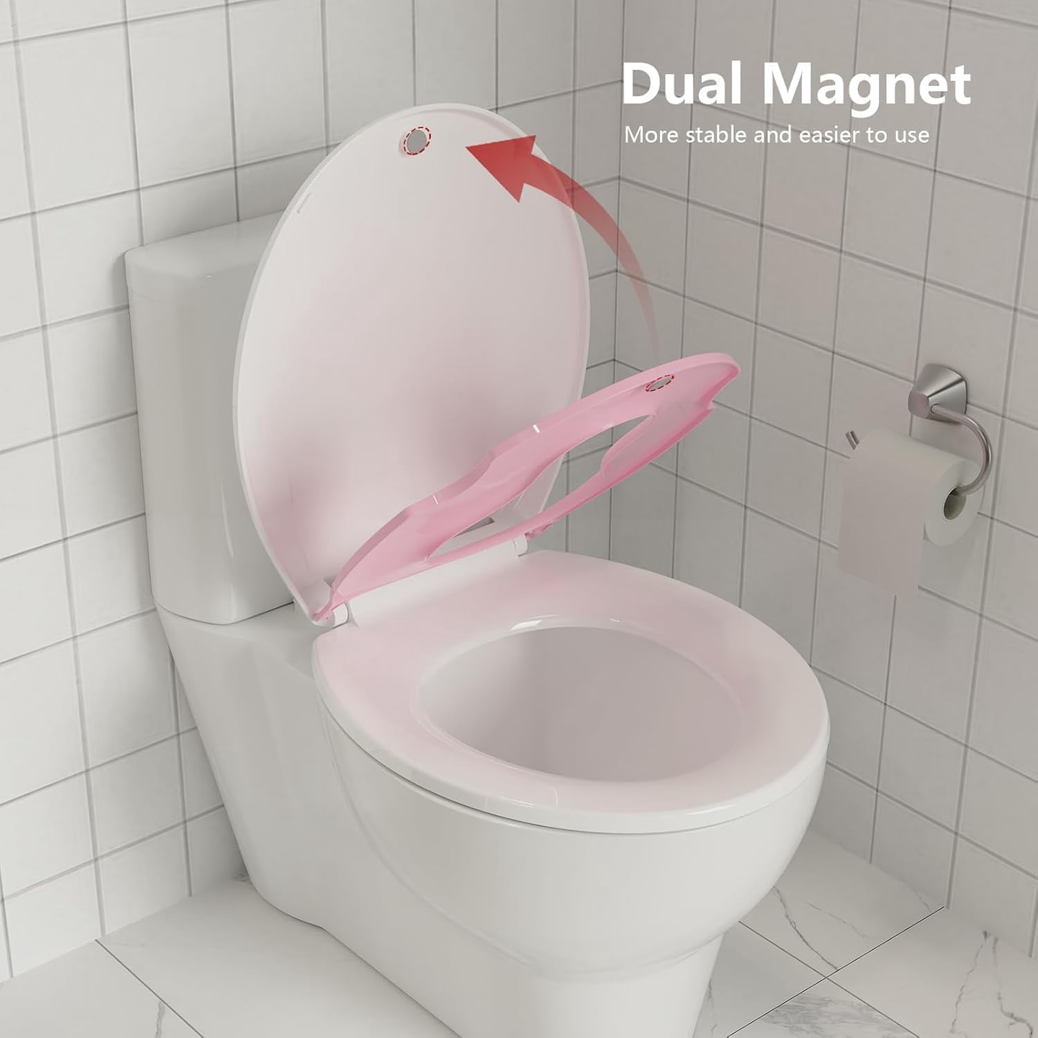 Hetoy 17” Round Toilet Seat with Built-in Toddler Seat for Easy Potty Training, Baby Toilet lid 2 in 1, Easy Install Clean,PP Material Safe and No Loosen,Perfect for Both Adults and Children, Pink