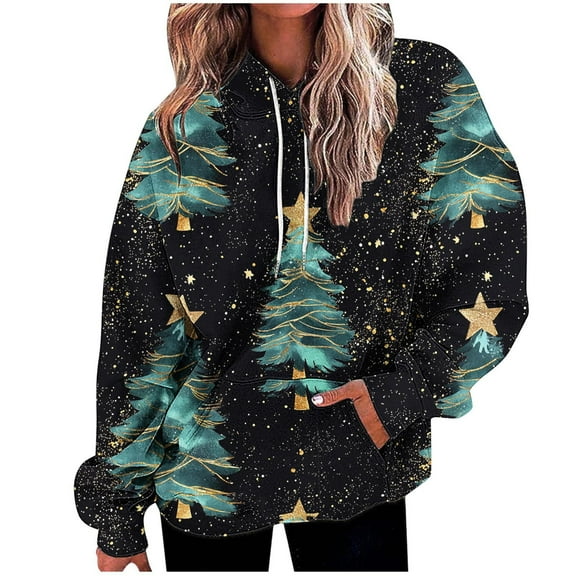 Lorytime Oversized Fleece Hoodies for Women Christmas Tree Print Sweatshirt Long Sleeve Pullover Drop Shoulder Loose Tops