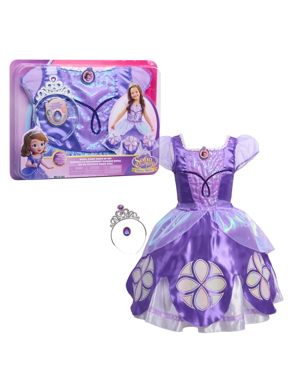 Disney Jr. Sofia the First Royal Magic Dress-up Set, Kids Pretend Play Costume with Sofia Dress, Tiara, and Collectible Charm, for Ages 3+