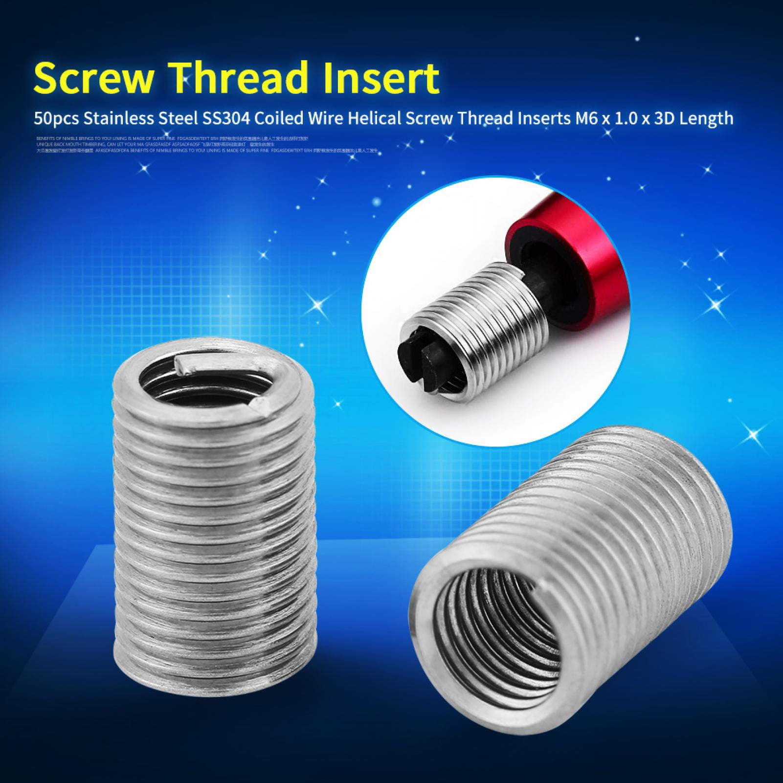 50Pcs Stainless Steel SS304 Coiled Wire Helical Screw Threaded Inserts Set for Aluminum,Magnesium Thread Repair Inserts Assortment Kits M6 x 1.0 x 3D Length 