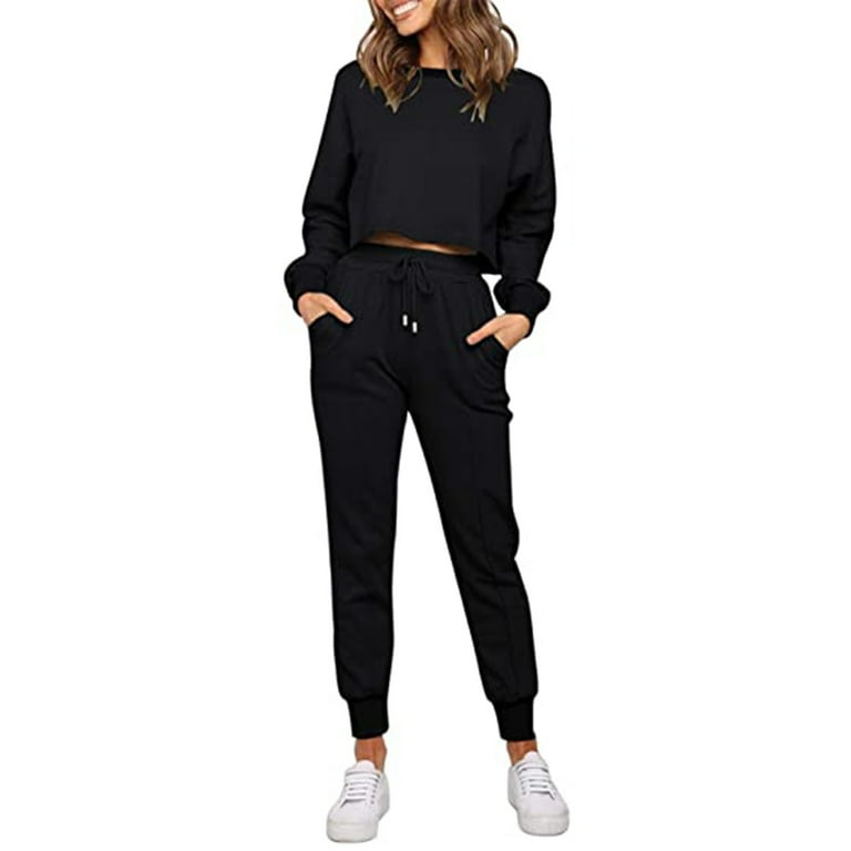 Women s Fashion Casual Outfits Clothes Set Long Sleeve 2 Piece Solid Color O Neck Tops Pants Sports Women Trendy Stylish Clothing Suits Female Leisure