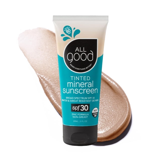 All Good Tinted Mineral Sport Loción protectora solar para rostro y cuerpo - UVA/UVB de amplio espectro SPF 30 Apto para arrecifes de coral Resistente al agua Aceite de coco Aceite de jojoba Manteca d