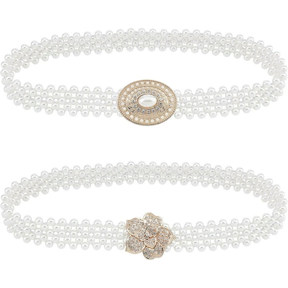 1bag Pearl Waist Belts for Women 2pcs Elastic Pearl Belts Wedding Sash Belt White Fashion Flower Buckle with Rhinestone Waistband Waist Chain for Bridesmaid Bridal Dress