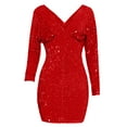 thumbnail image 3 of BLTIBY Womens Sequin Evening Dress Hip Wrap V-Neck Ruched Waist Long Sleeve Glitter Cocktail Party Slim Formal Gown Fashion Elegant Dress Red S, 3 of 4