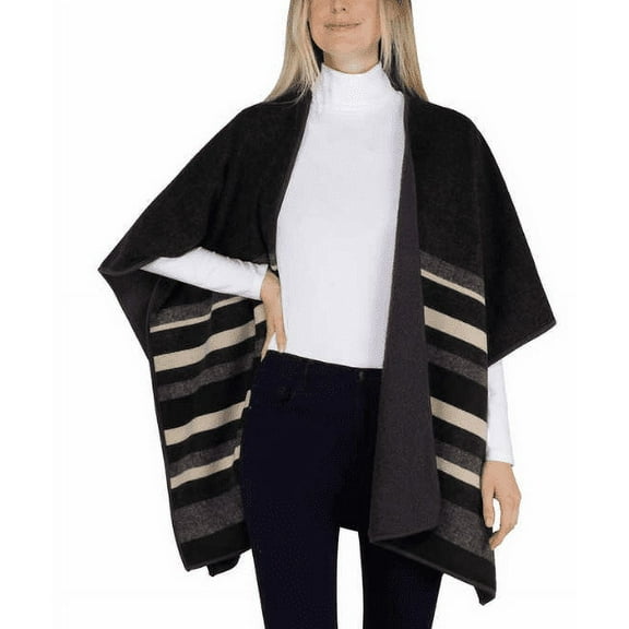 Ike Behar Women’s Reversible Wrap – Soft High Pile Fleece Poncho Shawl, Black & Taupe Stripes, Warm Winter Fashion Accessory, One Size