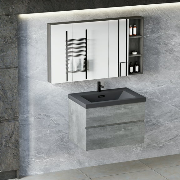 30” Floating Bathroom Vanity with Sink, Modern Wall-Mounted Bathroom Storage Vanity Cabinet with Black Quartz Sand Top Basin and Soft Close Drawers