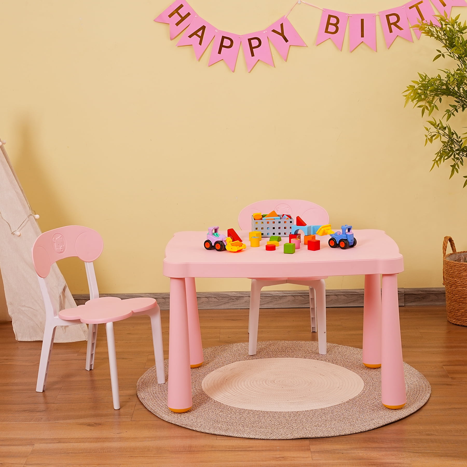 Domi Kids 3 Piece Plastic Toddler Table and Chair Set, Children Activity Table(White/Pink)