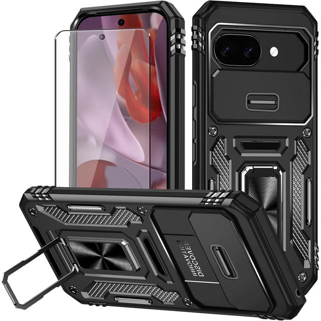 KOMI for Google Pixel 9a Case with Screen Protector and with Camera Cover, 360°Military Grade Rotatable Kickstand (Heavy Duty) Shockproof Protective, Case for Google Pixel 9a Black