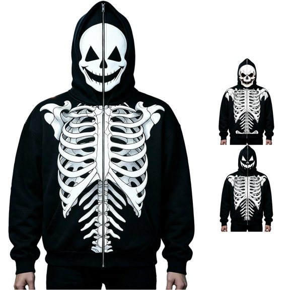 Wuxian Full Zip Up Hoodie Men Halloween Skeleton Print Long Sleeve Sweatshirts Spooky Jackets For Men