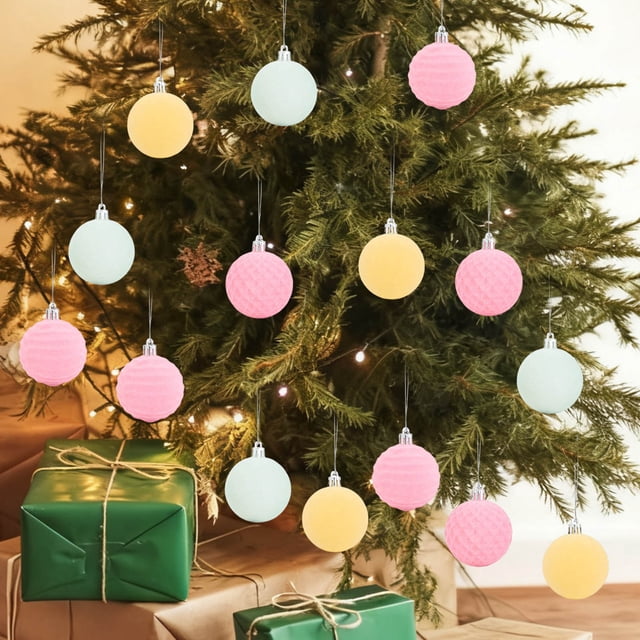 Seyotauo 16 Pcs Velvet Christmas Ball Ornaments -Flocked Shatterproof Christmas Tree Decorations Plastic Xmas Decorative Hanging Ornaments for Xmas Home Decor,4 Style