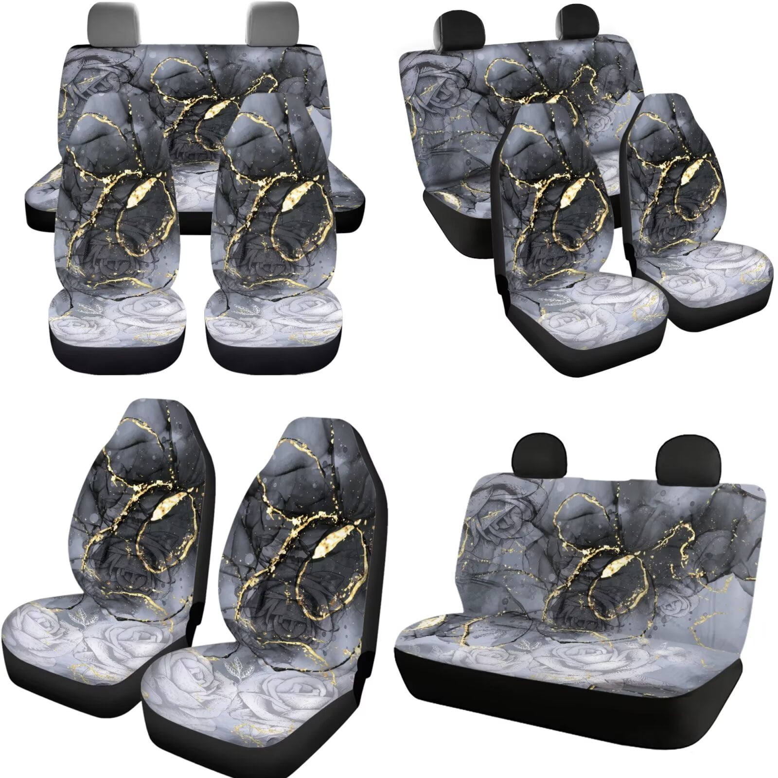 Garronmavis Black Gold Marble Car Seat Covers Full Set Accessories Auto Set of 11 with Cars Headrest Protectors+Lanyards Key Ring+Auto Cup Coaster+Handbrake Gear+Shift Knob Cover