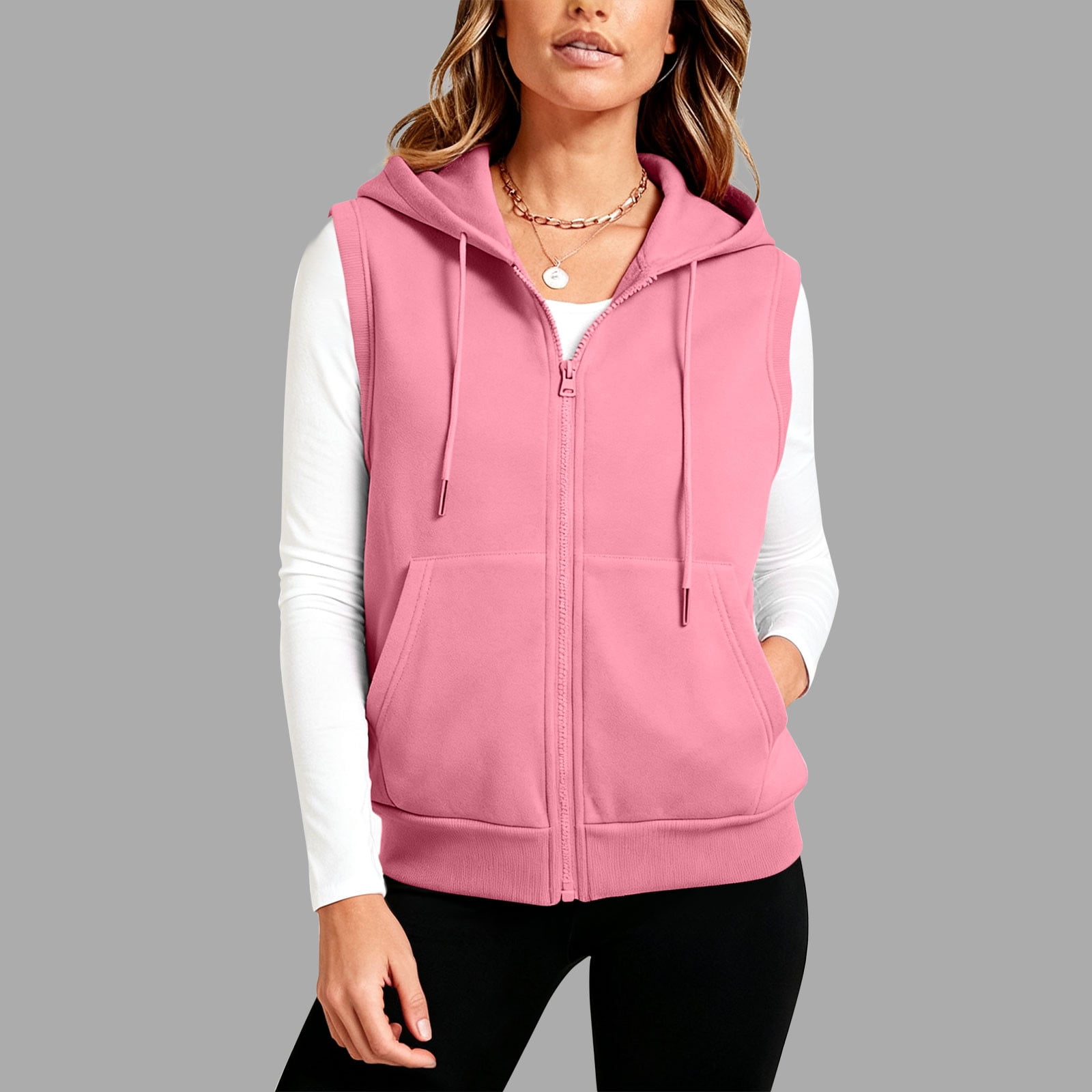 Womens Casual Sweatshirts Cotton Sleeveless Hooded Outerwear Vest with Pockets Sport Casual Full Zip Hoodie Jacket (XL, Pink)