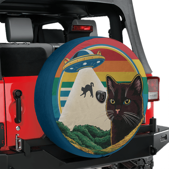Lotusprinthandmade Cat and UFO 3D Graphic Spare Tire Cover With Backup Camera Hole 6 Sizes (27 in.), Cat Lovers Tire Cover