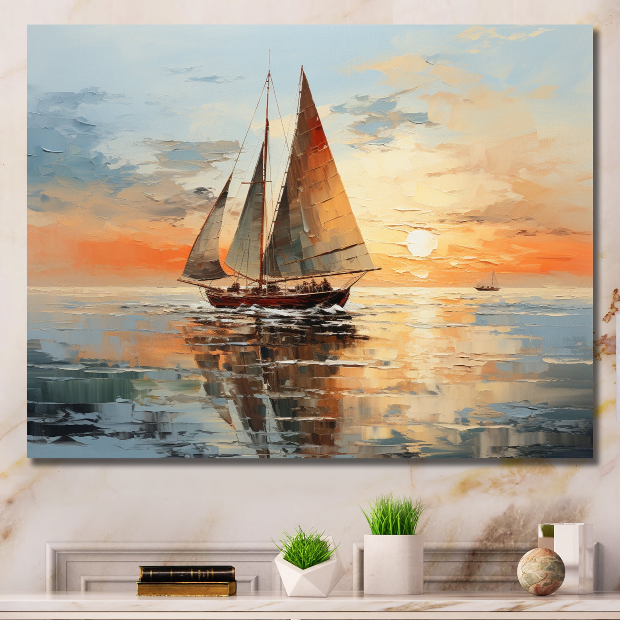 Designart Multi-Color Modern Canvas wall art, Boat Sailing Wall