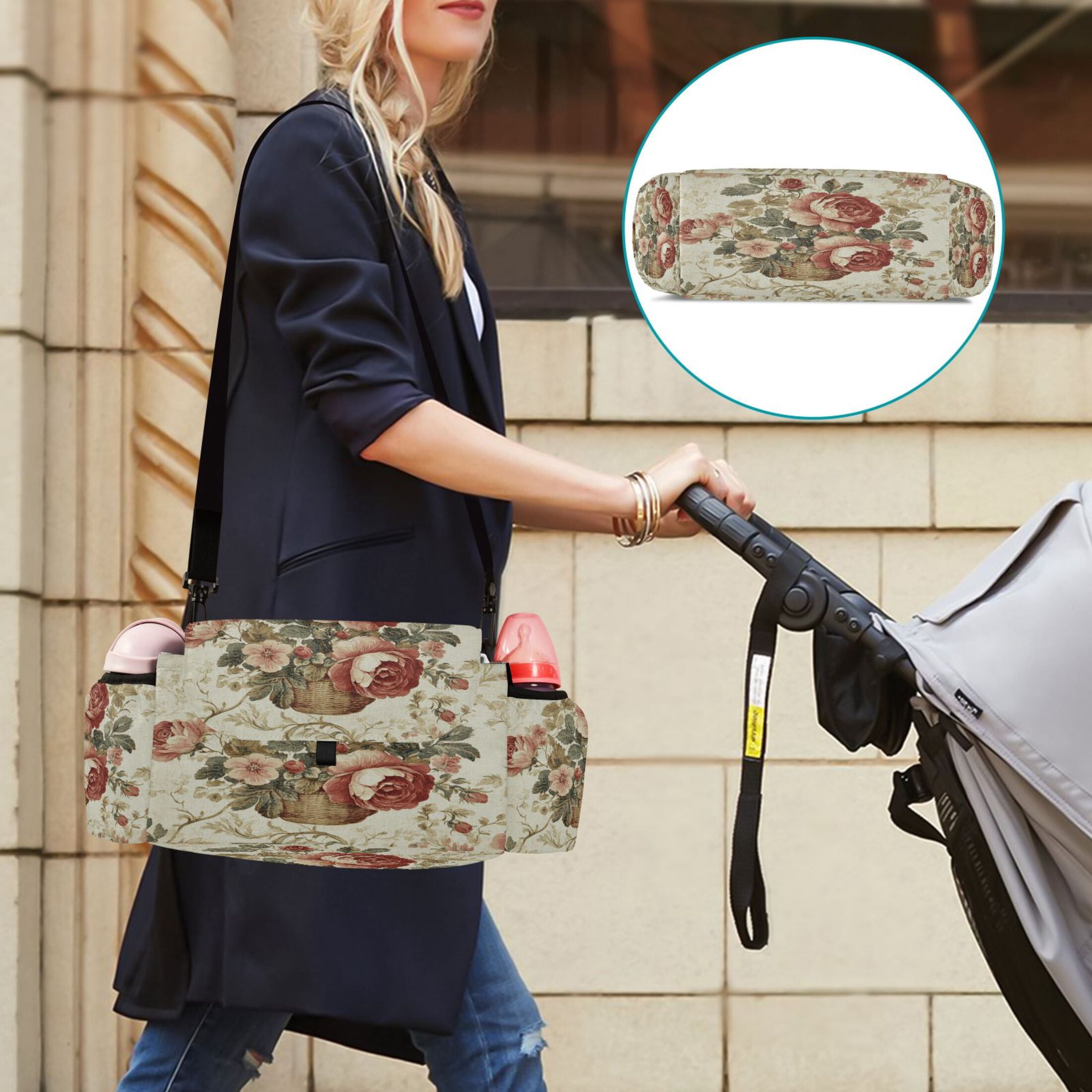 DIXRUYEE Stroller Organizer Vintage Rose Bouquet Printed