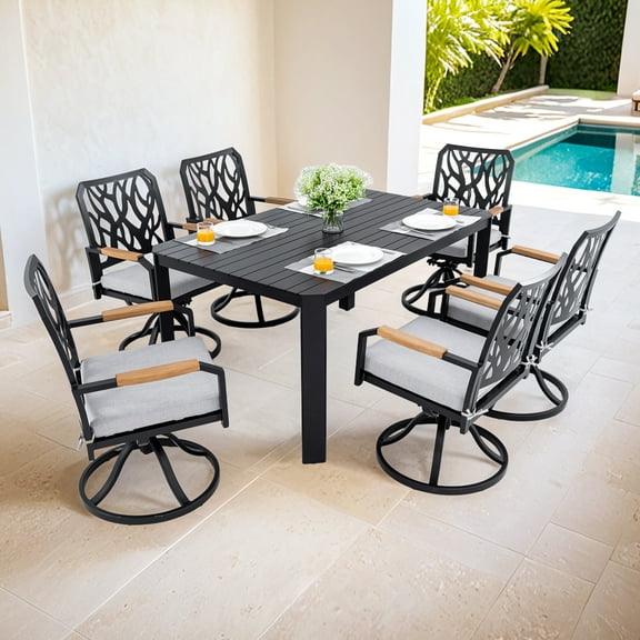 Olurrisa 7PC Outdoor Patio Aluminum Furniture Set, Modern Dining Set with 6 Dining Chairs Sunbrella Fabric Cushioned, Rectangular Table with Umbrella Hole,Bourbon Brown