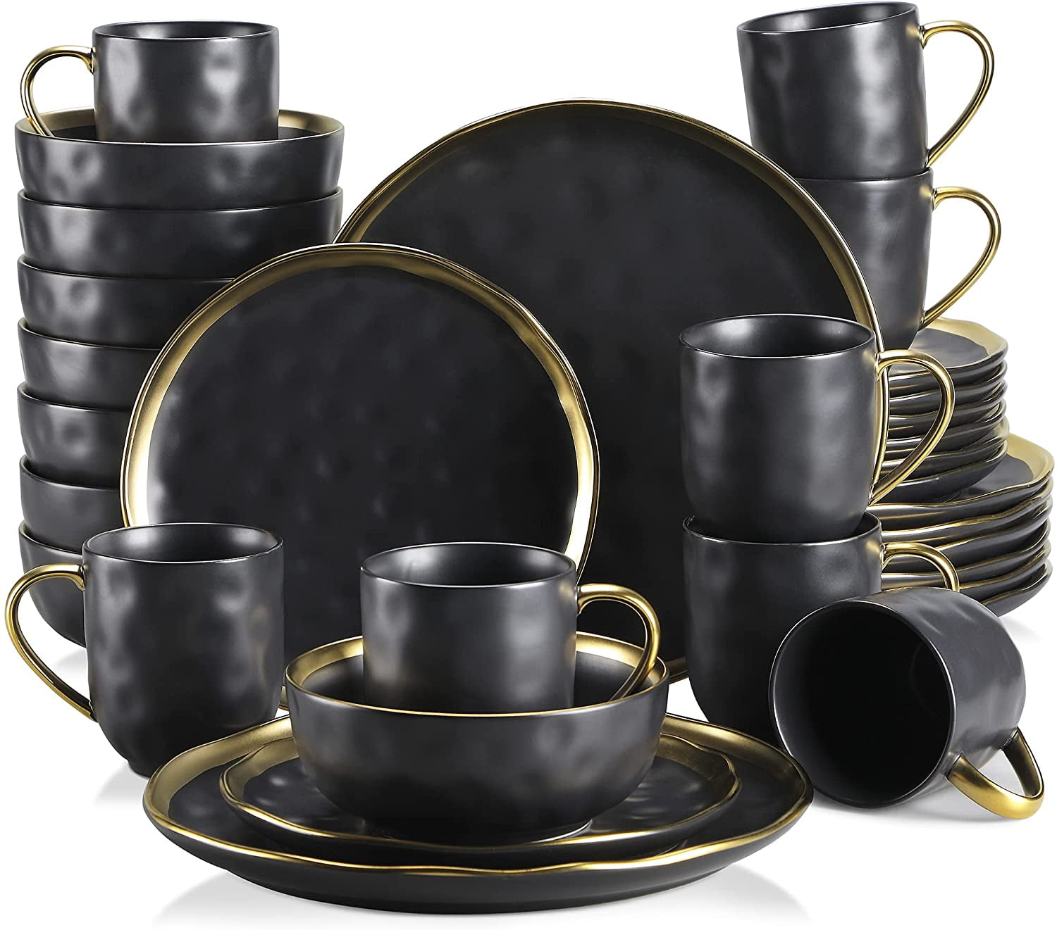 LOVECASA, Series Sweet, 32Piece Stoneware Dinnerware Sets, Black Gold