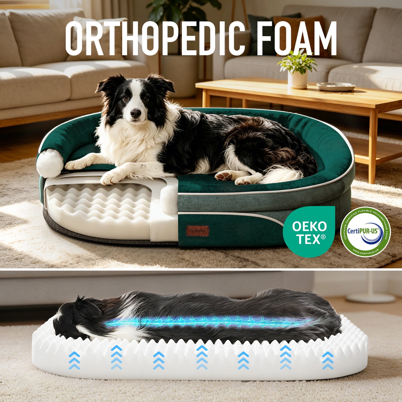Ophanie Dark Green Luxury Sofa-Style Pet Orthopedic Bed for Medium Dogs – Removable Machine-Washable Plush Cover, 4-Sided Bolster, Non-Slip Bottom, Size 35"x28"x6"