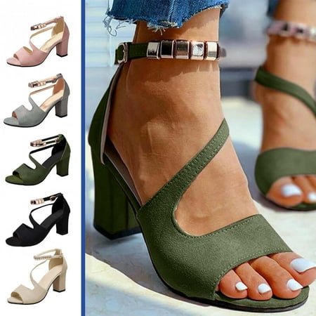 

New Buckle Strap Chunky Heel Sandals Women s High Heels Beaded Fish Mouth Women s Sandals Pink qILAKOG Size 8.5