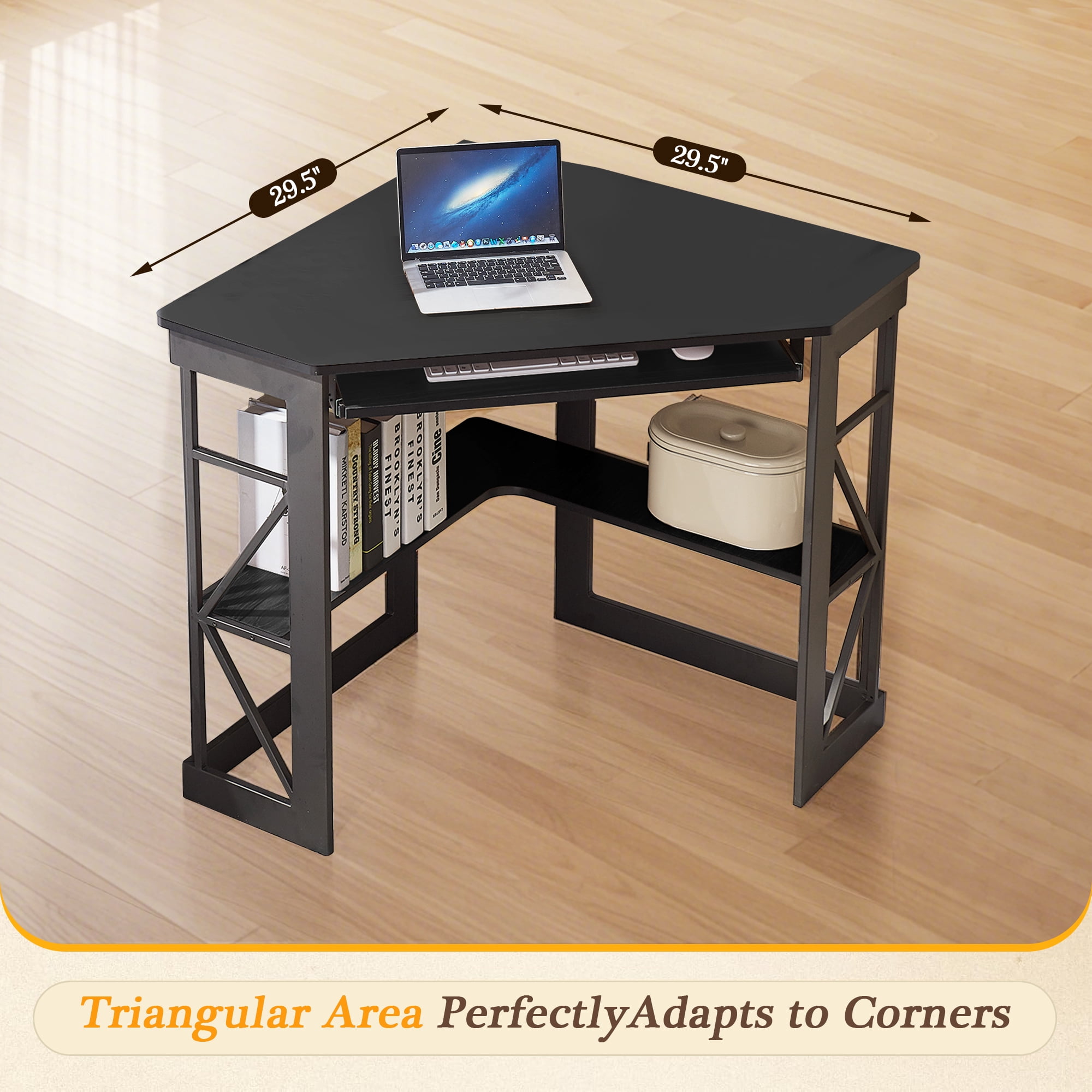VECELO Corner Computer Desk with Keyboard Tray and Storage Shelf, Student Study Writting Table Workstation for College Dorm Apartment Home Office, Black (90 Degrees)