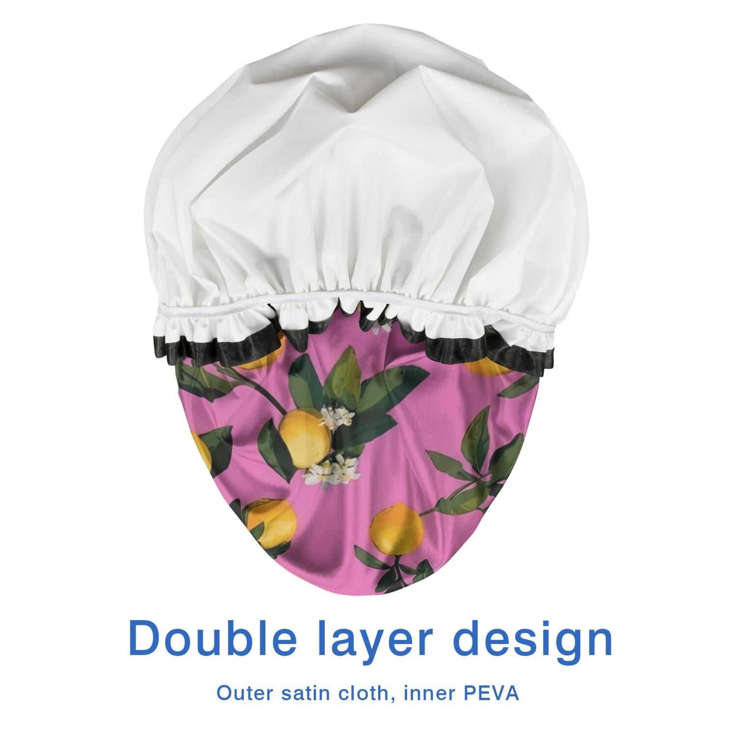 Shower Caps,Yellow Lemon Flowers Pink Pattern Waterproof Shower Cap for Women 4 Pieces,Double Reusable Hair Cover for Shower PEVA Elastic Stretch Hem