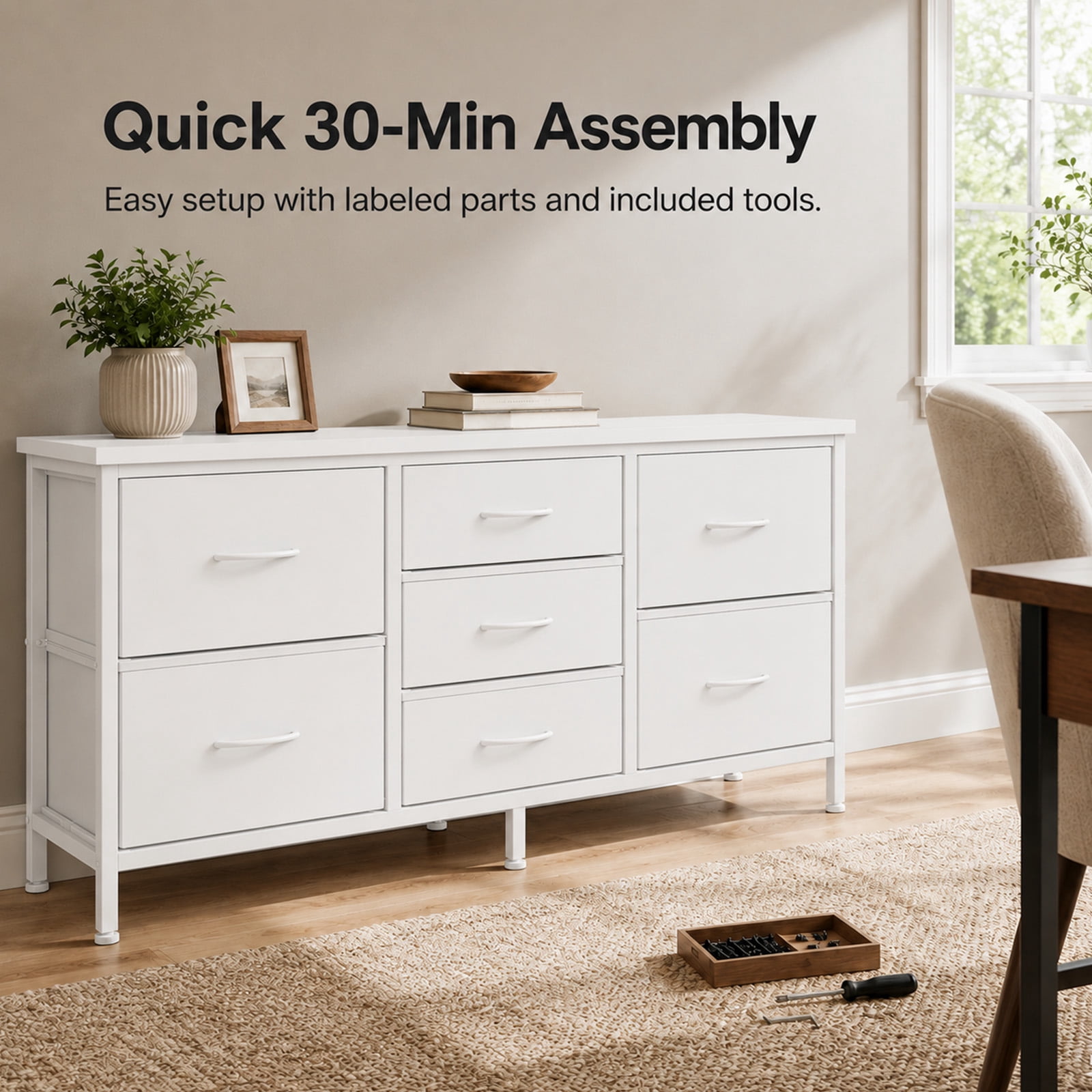 Alvantor 7 Drawer Fabric Dresser, Clothes Organizer Storage Tower for Bedroom, Chest of Drawers with Wooden Top, Metal Frame for Bedroom TV Stand