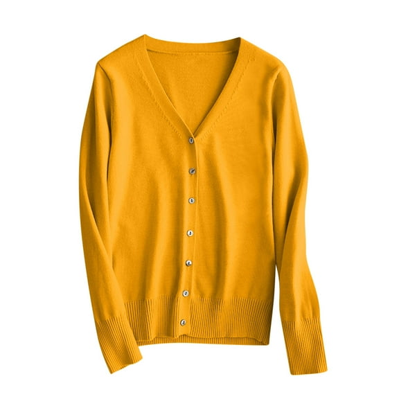 Women's Cropped Cardigan Sweaters Long Sleeve Soft Knit Open Front V-Neck Button Down Lightweight Sweater Tops (XL, Yellow)