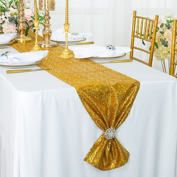 Wedding Linens Inc. 12"x108" Sequin Taffeta Table Runner for Wedding, Luxury Events, Party use - Gold