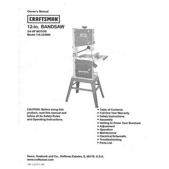Instruction Manual ONLY for Craftsman 119.224000 Band Saw Owners Instruction Manual REPRINT