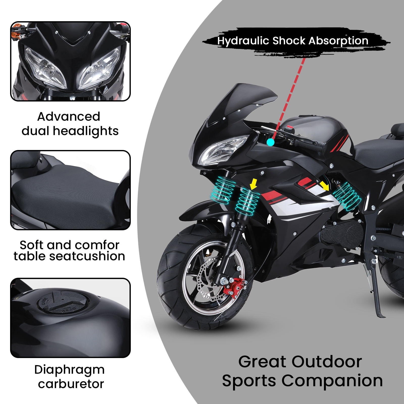 Pocket Rocket Motorcycle - 49cc 4-Stroke Gas with 8" Wheels, Front & Rear Disc Brakes & Headlights