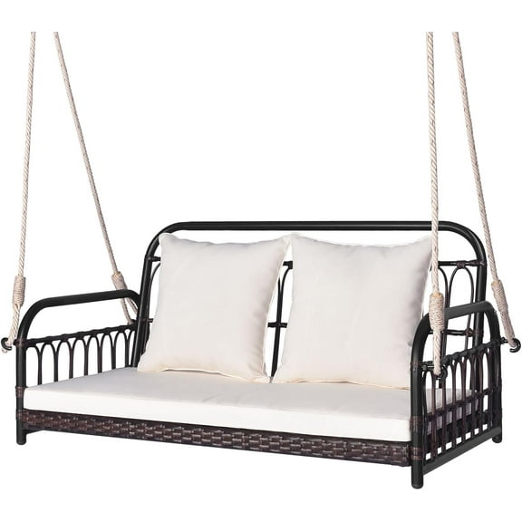 DORTALA 2-Person Porch Swing Outdoor, Patio Wicker Hanging Swing Bench with Cushions, Metal Frame, Ropes, 880 LBS Capacity, Rattan Swing Loveseat for Garden Poolside Backyard, Mix Brown Off White