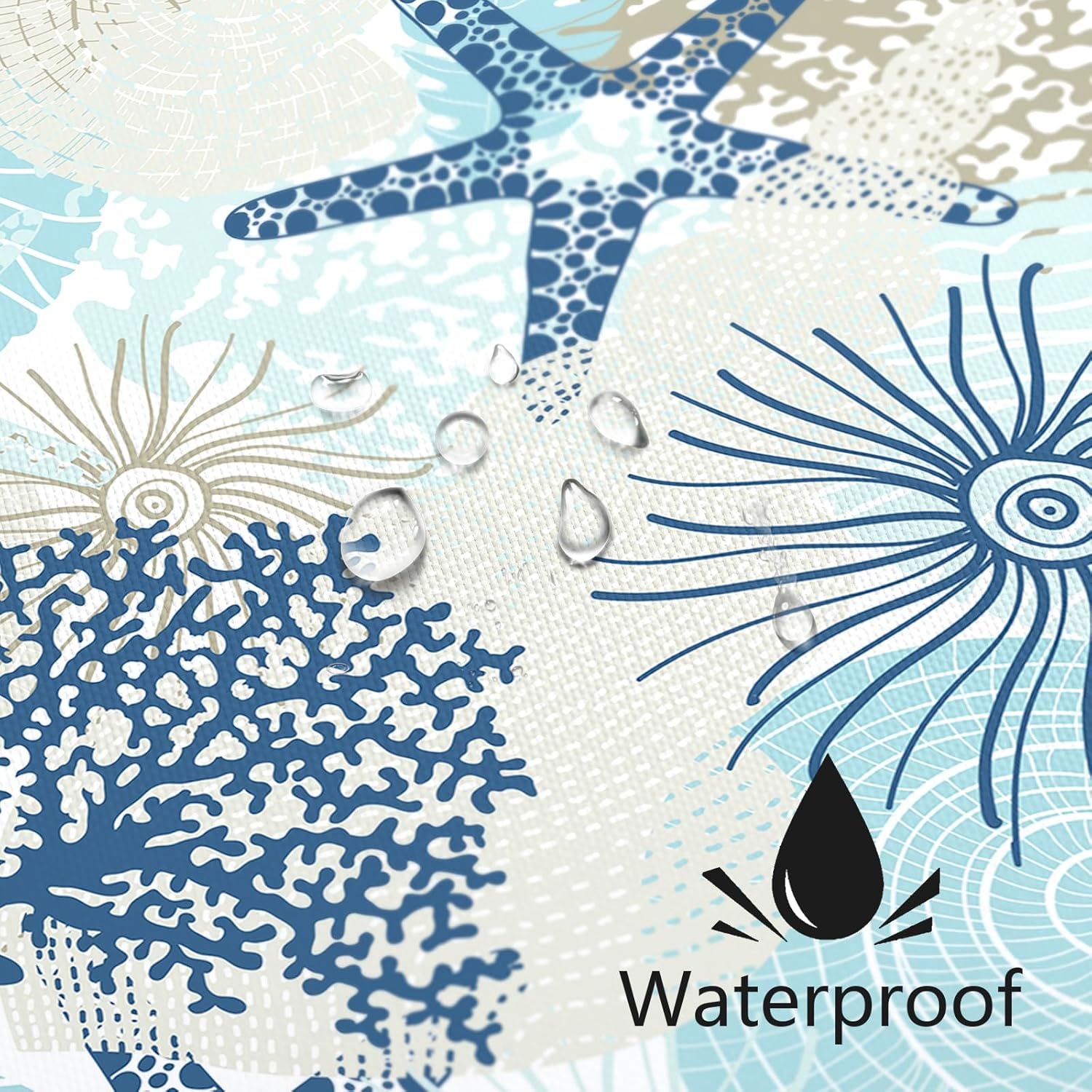 Beach Ocean Themed Shower Curtain, Cute Nautical Coastal Shower Curtain for Bathroom Decor, Summer Tropical Seashell Starfish Coral Fabric Shower Curtain Set with Hooks, Teal Blue, 72x72