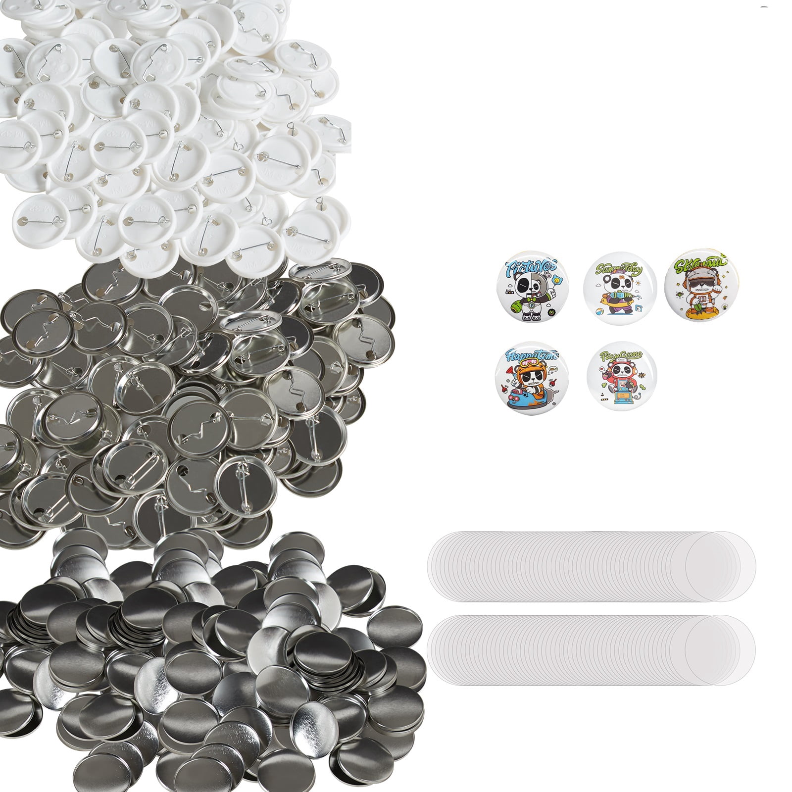 KFFKFF 500 Packs 1.25 inch 32mm Pin Back Accessory Parts, Self-Made Circular Button Badge Components, Pack Contains Metal Cap, Plastic/Metal Button, Transparent Film, and Empty Paper For Gift Items