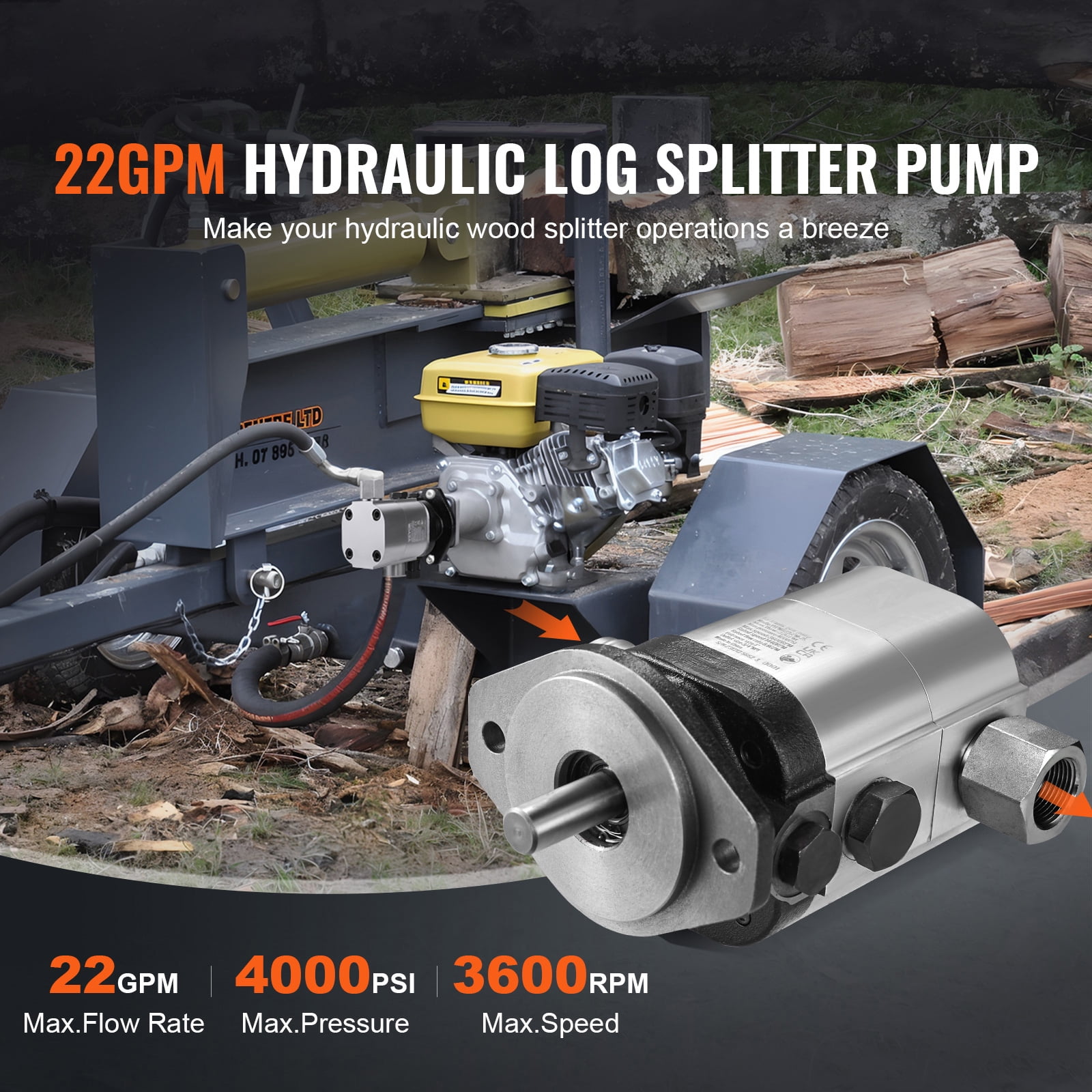 SKYSHALO Hydraulic Gear Pump for Log Splitting, 22GPM 2-Stage, 4000PSI, with 1-1/4'' Inlet and 3/4'' NPT Outlet, 3600 RPM, Aluminum Construction, Suitable for Small Engine Log Splitters and Snowplows