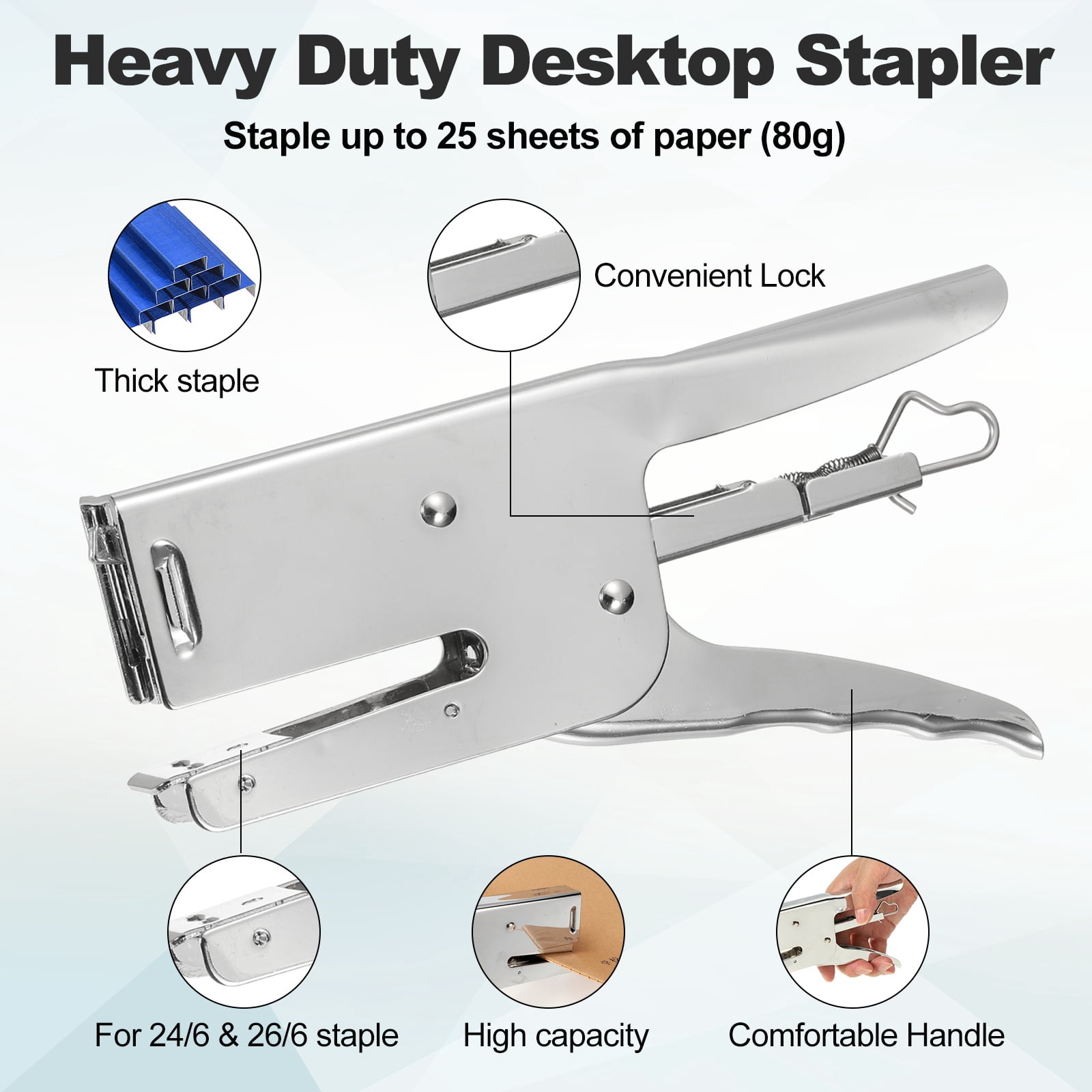 Desktop Stapler Heavy Duty, 1 Set Handheld Plier Stapler No Jam with Staples Remover and 1000 Blue 26/6 Staples Set for Office Supplies Workplace Paperwork Cardboard, Silver