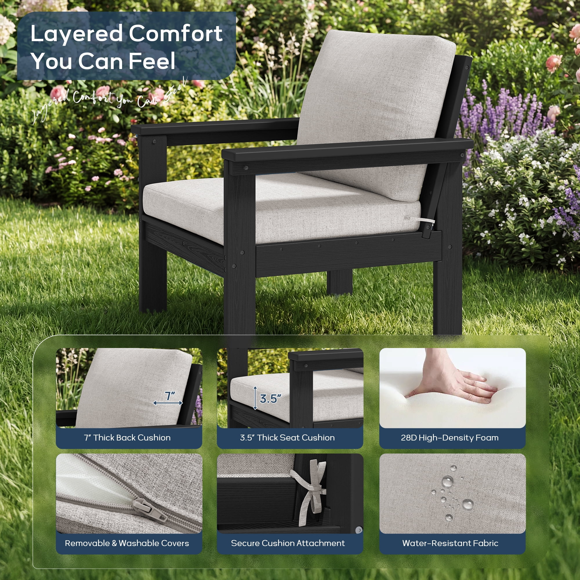 SERWALL Outdoor Patio Furniture Set, 7-Piece HDPE Outdoor Sofa Set Patio Conversation Set, Black Frame with Beige Cushions