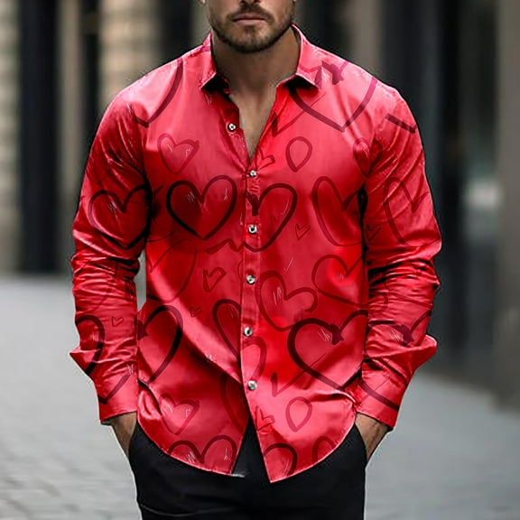 LEBONYARD Mens Shirts Clearance under $5.00,Mens Hoodies Pullover,Men's Fashionable Valentine's Day Heart-shaped Print Casual Long Sleeve Turndown Collar Blouse Shirt Red S
