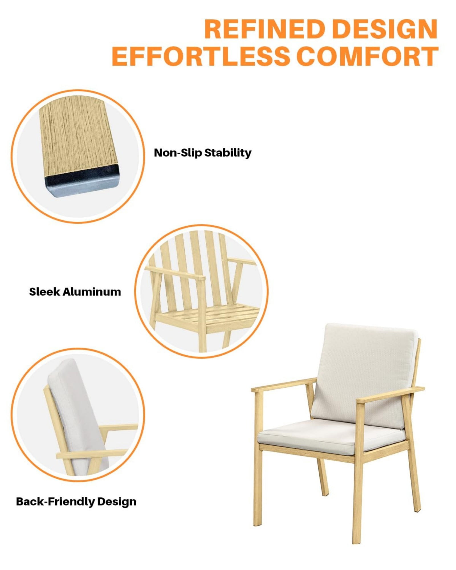 Outdoor Patio Dining Chairs Set of 4, Aluminum Outdoor Dining Chairs with Thick Cushions, All Weather Rustproof Patio Furniture for Garden, Deck, Porch, Poolside, Natural
