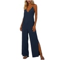 thumbnail image 3 of Wide Leg Jumpsuits for Women Adjustable Spaghetti Strap V Neck Split One Piece Long Romper Pants Dressy Casual (2XL, Navy), 3 of 8