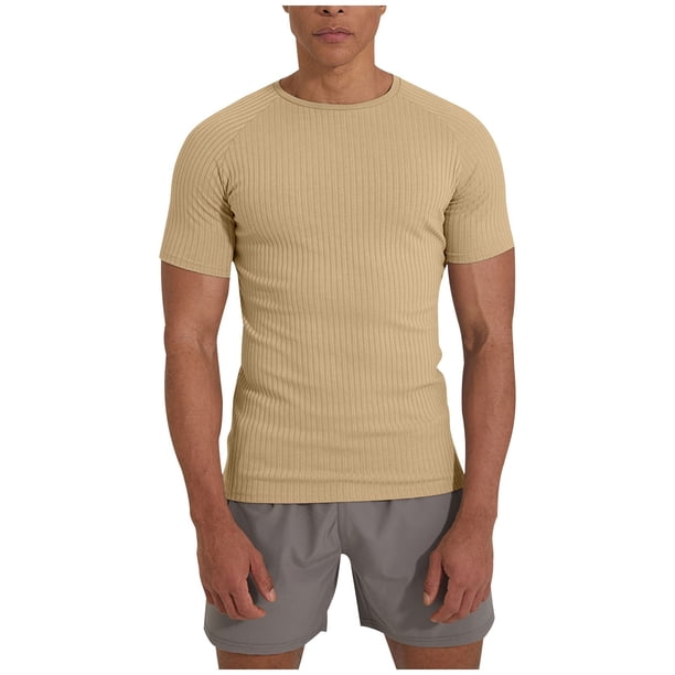 Tops de Manga Corta de Cuello Alto para las Mujeres Inserto de Hombro de Color Sólido Pullover Deportivo de Alta Elasticidad con Costillas Top de Cuello Redondo