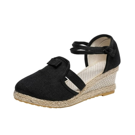 

Womens Braided Espadrille Platform Wedge Sandals Closed Toe Comfortable Canvas Ankle Strap Sandals for Date Night