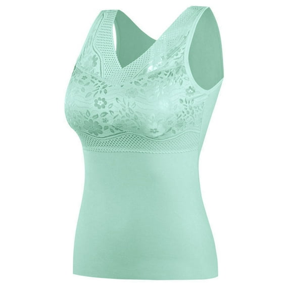 Lovskoo 2024 Thermal Underwear for Women Fleece Lined Underwear Lace Self-Heating Cami Tank Tops Winter Warm Seamless Fleece Bottoming Cold-Proof Base Layer Vest Green-A