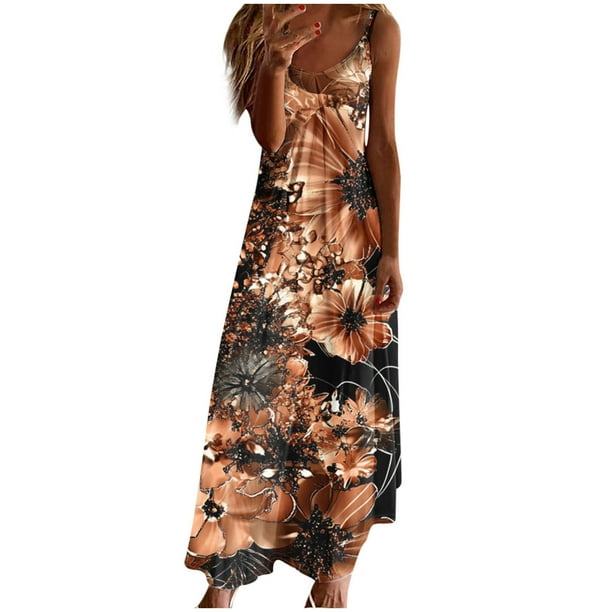Vestidos de Verano con Cuello en V para las Mujeres 2025 Imprimir Vestido de Cuello Redondo sin Mangas Vestidos Largos Casuales, Ligeros Y de Moda