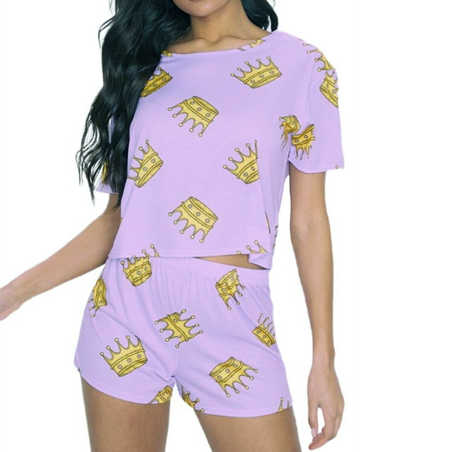 Ensemble de Pyjama 2 Pcs pour Femmes, Motifs Mignons de Dessin Animé Manches Courtes Col Rond Haut Ample Short Bande Élastique Pantalon Vêtements de Nuit