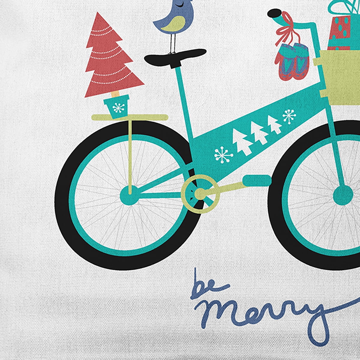 Simply Daisy Green Colored Merry Bird Bike Christmas Soft Spun Polyester Indoor/Outdoor Throw Pillow, 14" x 20"