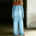 thumbnail image 3 of Pounoo Women's Jumpsuits Off Shoulder Denim Style Long Sleeve Overalls with Button Front Casual Street Style Loose Wide Leg Rompers Gift, 3 of 6