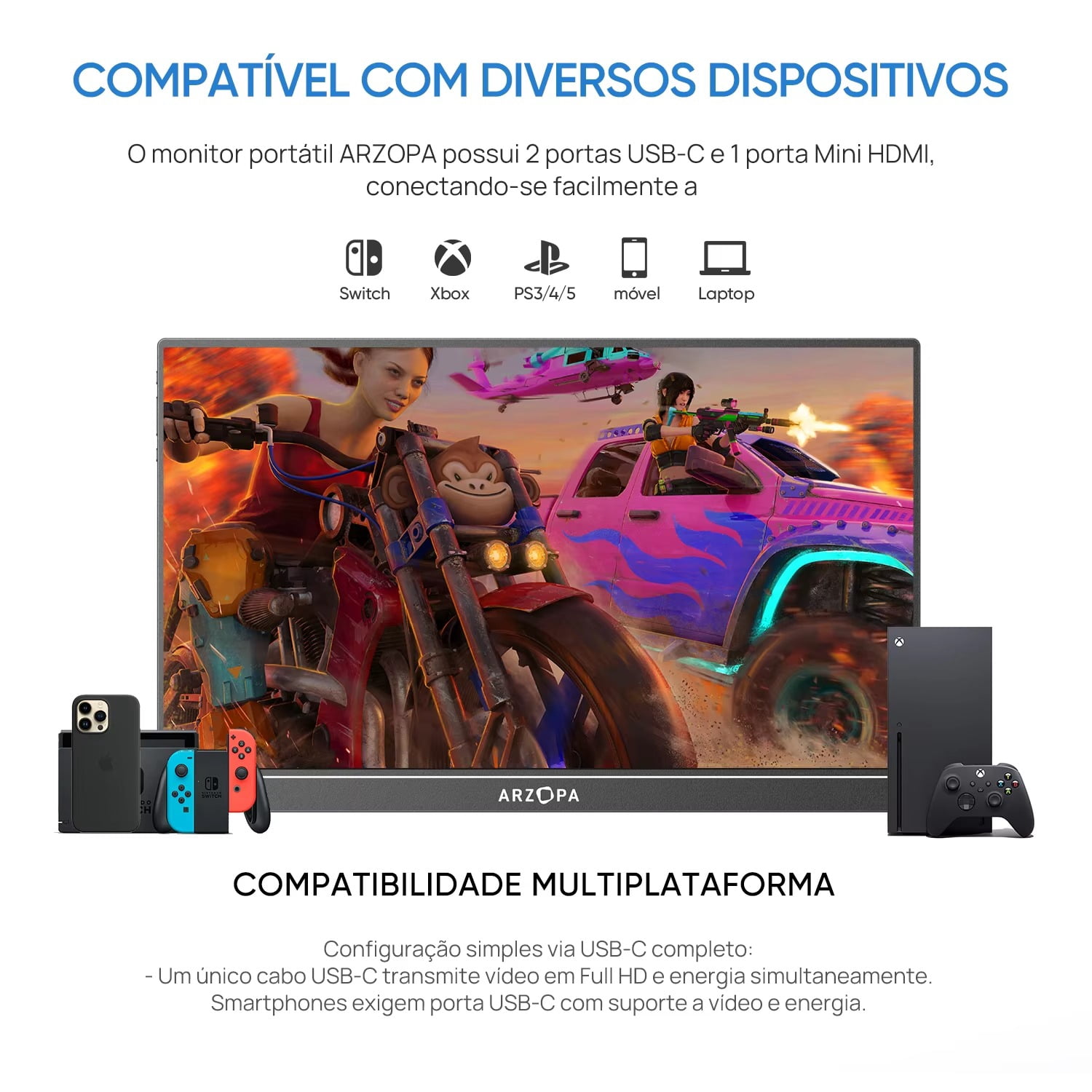 ARZOPA 16.1 inch 100% sRGB 144Hz Gaming Monitor Portable Laptop Display with Type C Mini HDMI For PS4/5 Steam Deck Switch PC Mac