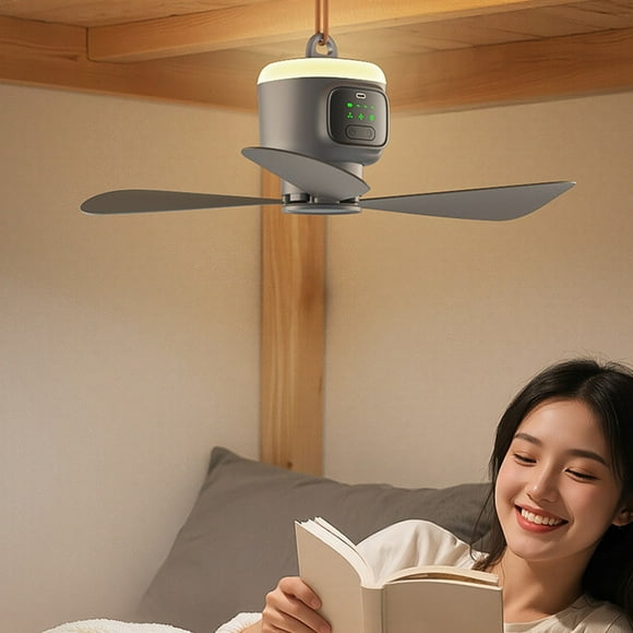 USB Rechargeable Ceiling Fan with Integrated LED Night Light, Silent Brushless Motor and Long-Lasting Battery for Camping Tent, Patio, Outdoor Hanging Cooling Solution